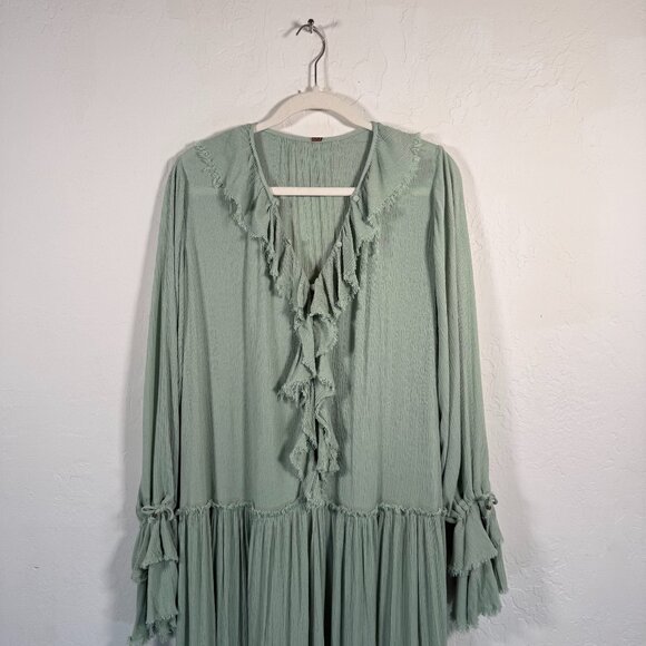 Free People Mint Green Bell Sleeve Ruffle V-Neck Sweet Darlin Maxi Dress Size XS - Picture 1 of 16